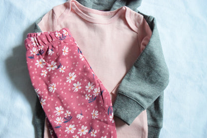 3-piece Pink Heart Zip-Up Hooded romper set | 100% Cotton