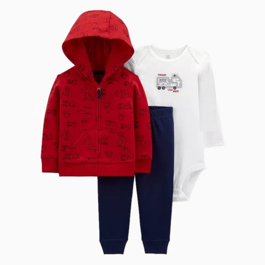 3-piece Fire Truck Zip-Up Hooded romper set | 100% Cotton