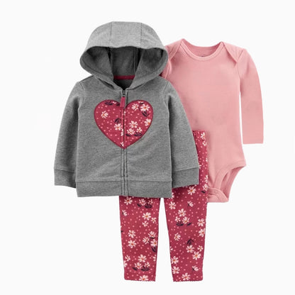 3-piece Pink Heart Zip-Up Hooded romper set | 100% Cotton