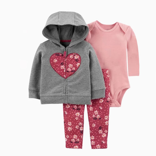 3-piece Pink Heart Zip-Up Hooded romper set | 100% Cotton