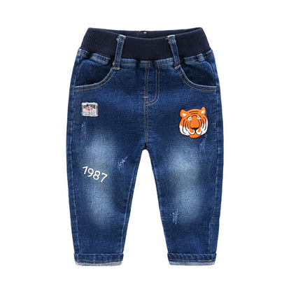 Tiger Print Blue Denim Jeans For Boys