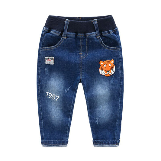 Tiger Print Blue Denim Jeans For Boys